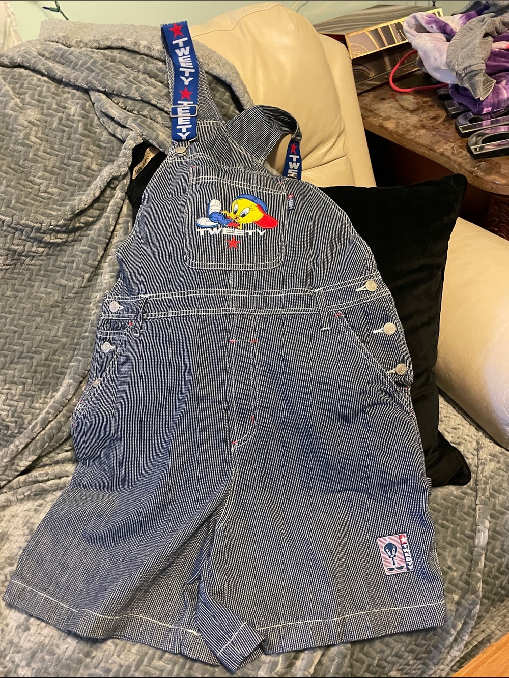 Tweety Navy Pinstripe Short Overalls with Blue Straps